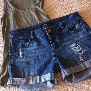 Distressed jean shorts